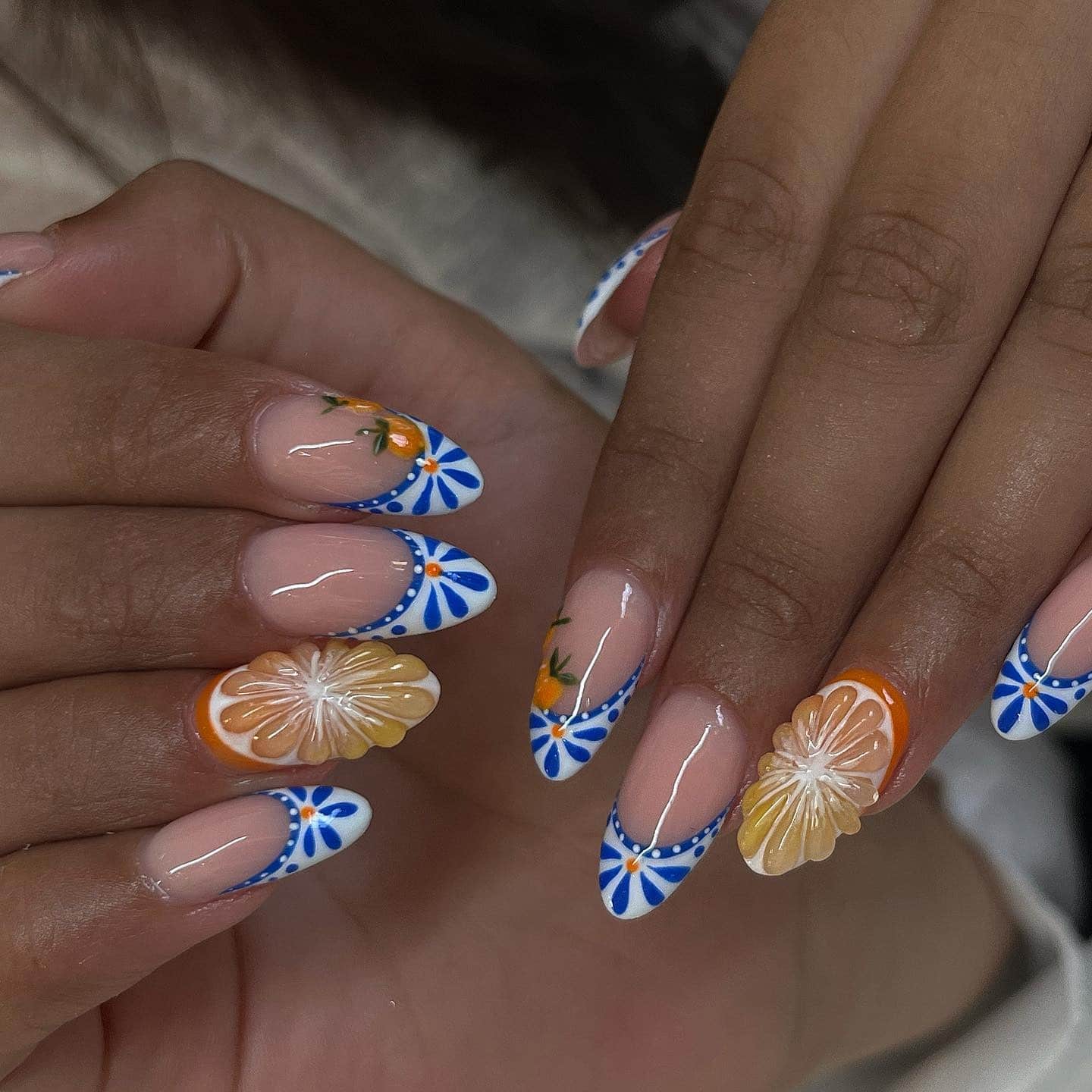 15. Blue and White Citrus Almond Nails with 3D Orange Accents - holiday nail ideas