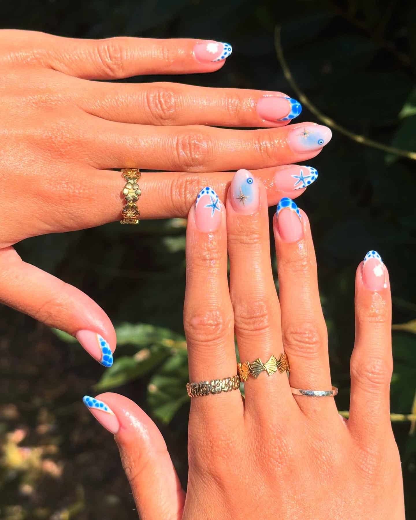 18. Blue French Almond Nails with Starfish and Shell Details - holiday nail ideas