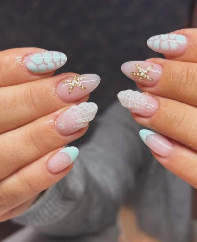 21. Icy Blue French Almond Nails with Starfish and Shell Art - holiday nail ideas