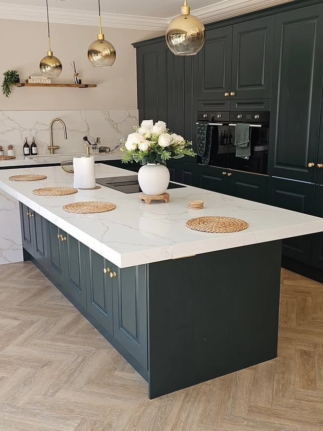 1. Forest Green Shaker Kitchen With White Waterfall Island - green kitchen ideas