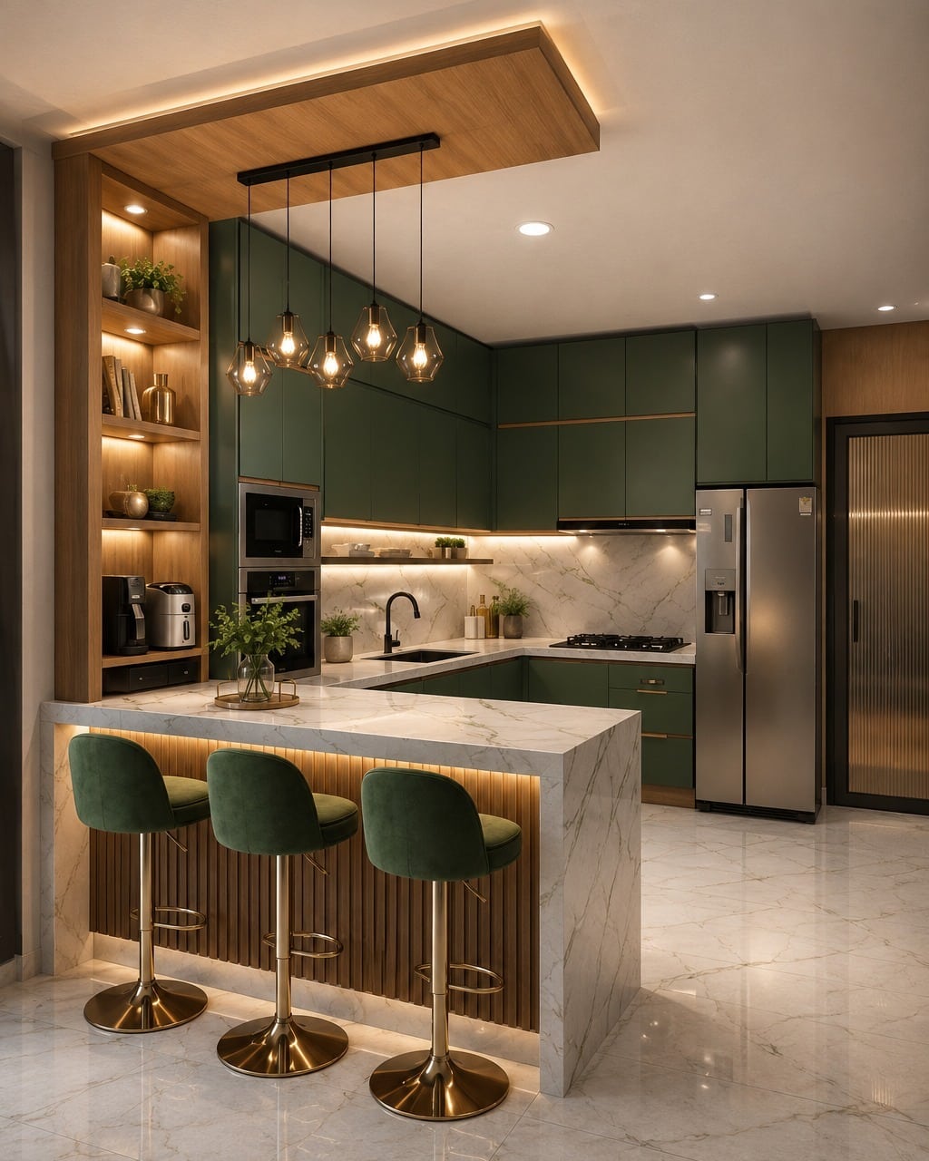 2. Emerald Green Kitchen With Warm Wood Accents - green kitchen ideas