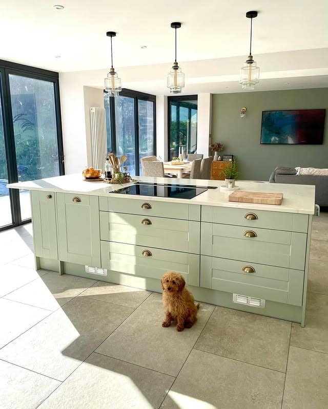 5. Pale Green Island Kitchen With Contemporary Simplicity - green kitchen ideas