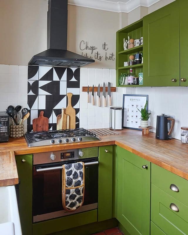 7. Olive Green Kitchen With Bold Graphic Details - green kitchen ideas