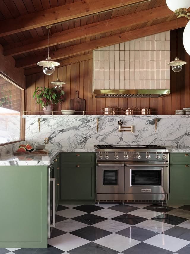 8. Sage Green Kitchen With Rustic Wood Ceiling - green kitchen ideas