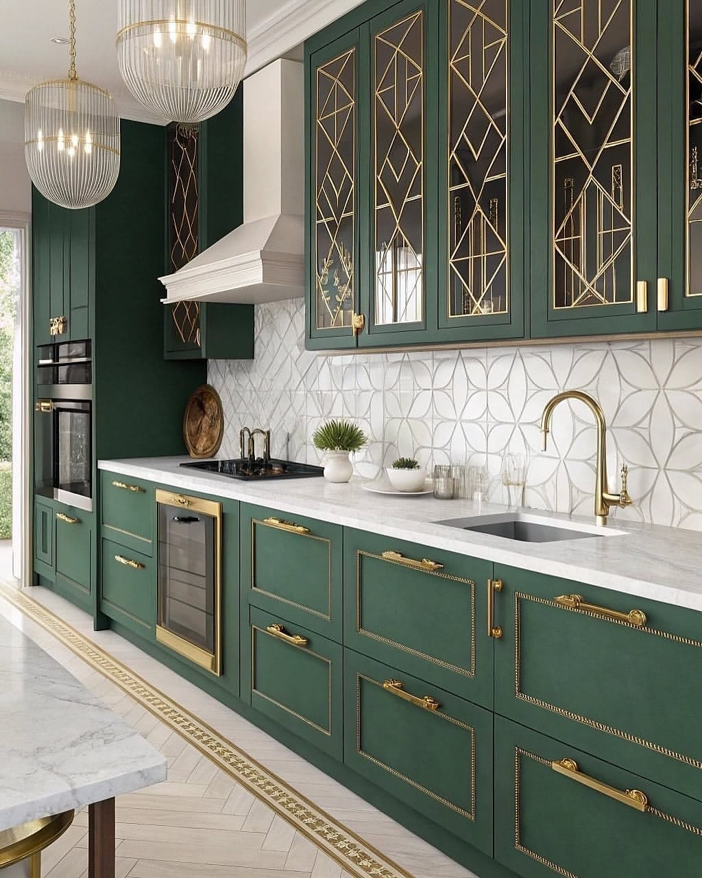 9. Jewel Green Kitchen With Gold Art Deco Accents - green kitchen ideas