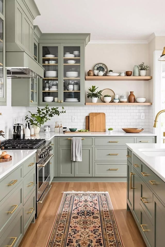 12. Soft Sage Green Kitchen With Open Shelving - green kitchen ideas