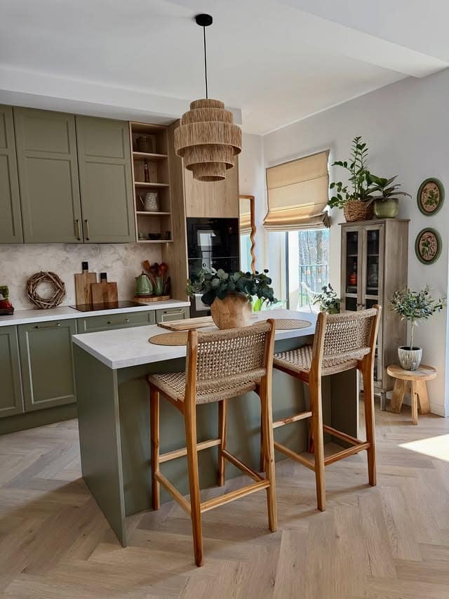 13. Earthy Green Kitchen With Natural Woven Accents - green kitchen ideas