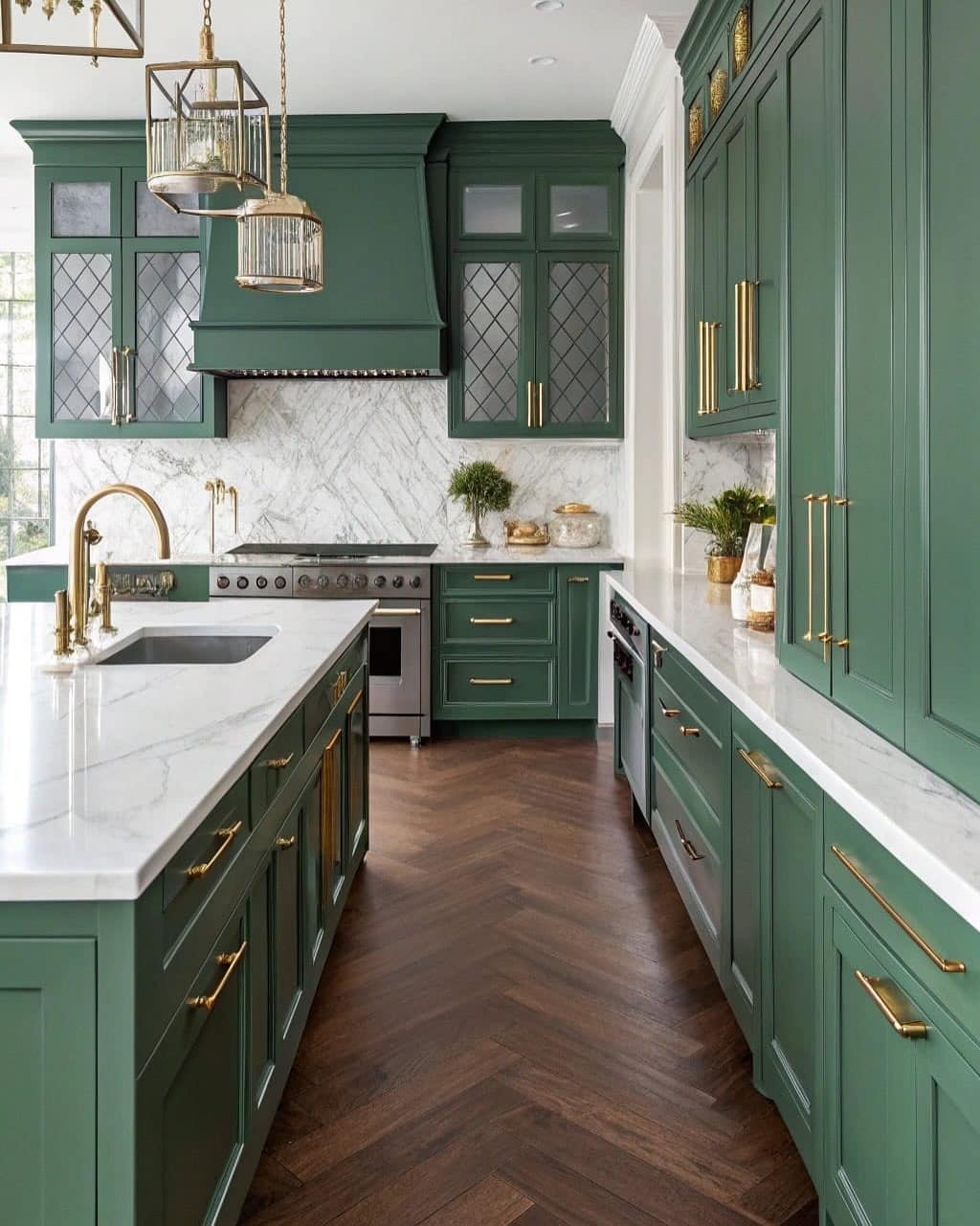 17. Emerald Green Kitchen With Brass Hardware - green kitchen ideas