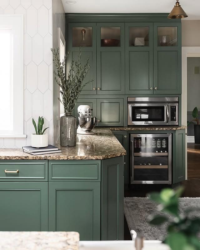 18. Sage Green Kitchen With Built-In Beverage Station - green kitchen ideas