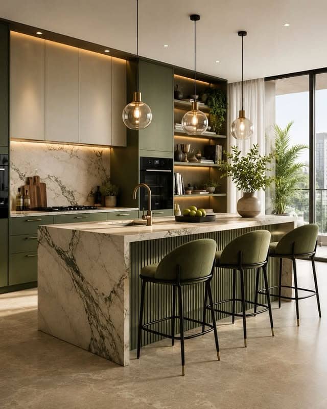 19. Contemporary Olive Green Kitchen With Marble Island - green kitchen ideas