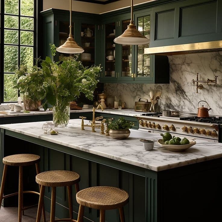 22. Deep Forest Green Kitchen With Marble Island - green kitchen ideas
