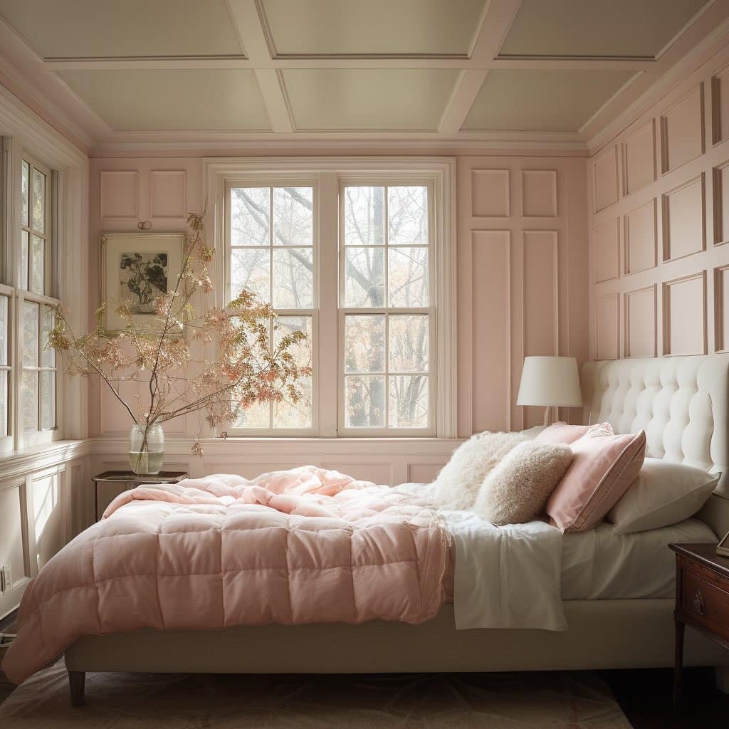 2. Blush Pink Panelled Guest Bedroom Charm - guest bedroom ideas