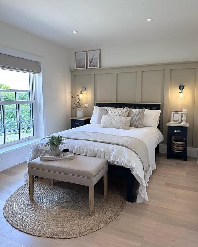 16. Greige and White Panel Wall Guest Bedroom Idea - guest bedroom ideas