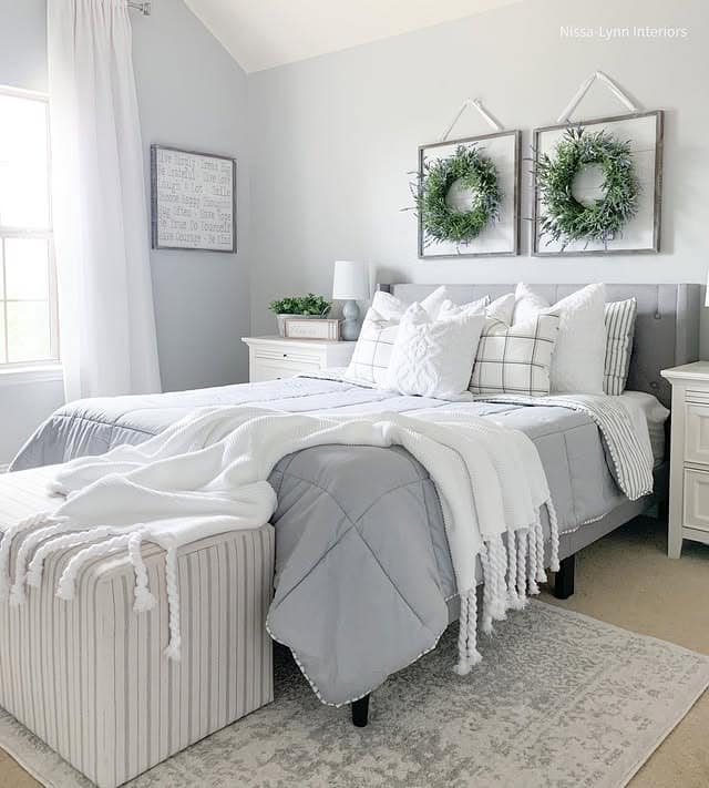 19. Light Gray and White Cottage Guest Bedroom Design - guest bedroom ideas