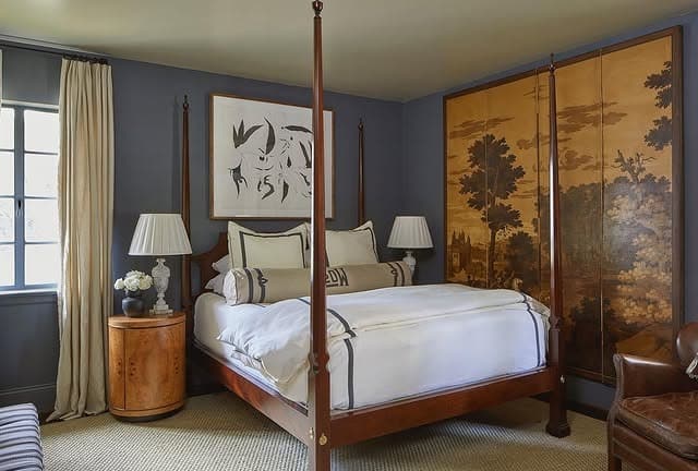 2. Traditional Navy Bedroom with Warm Wood Accents - navy bedroom ideas