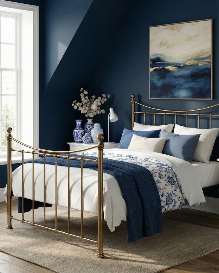 3. Navy Blue and Brass Bedroom Design - navy bedroom ideas