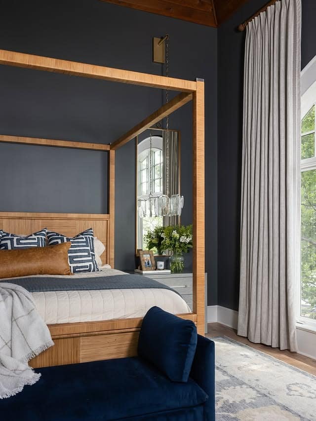 9. Modern Navy Bedroom with Natural Wood Canopy Bed - navy bedroom ideas