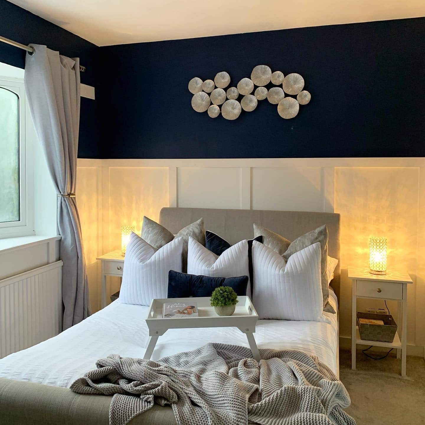 10. Navy and White Panelled Bedroom Design - navy bedroom ideas