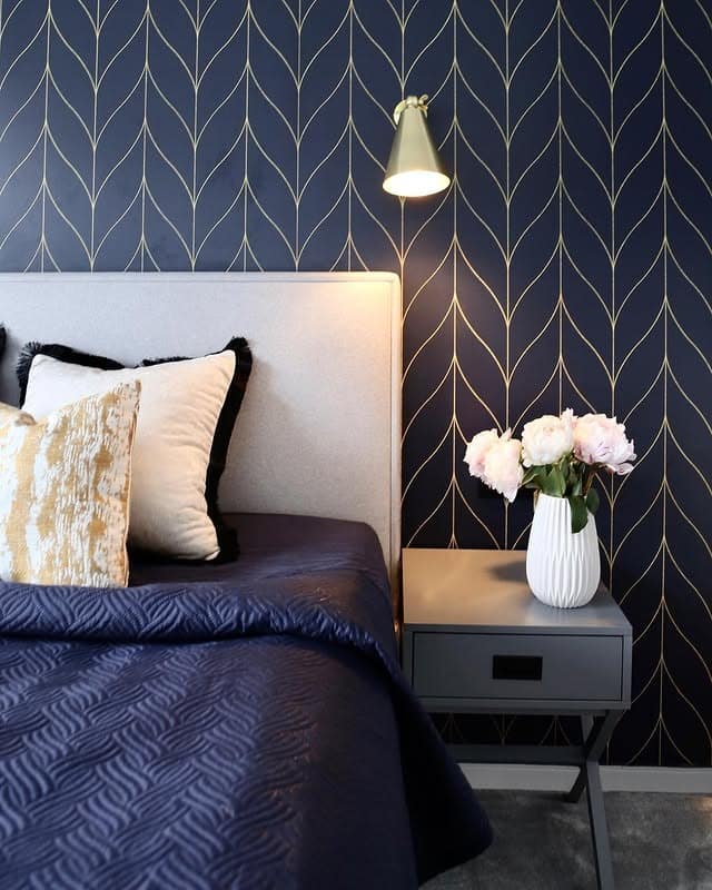 16. Navy and Gold Wallpaper Bedroom Idea - navy bedroom ideas