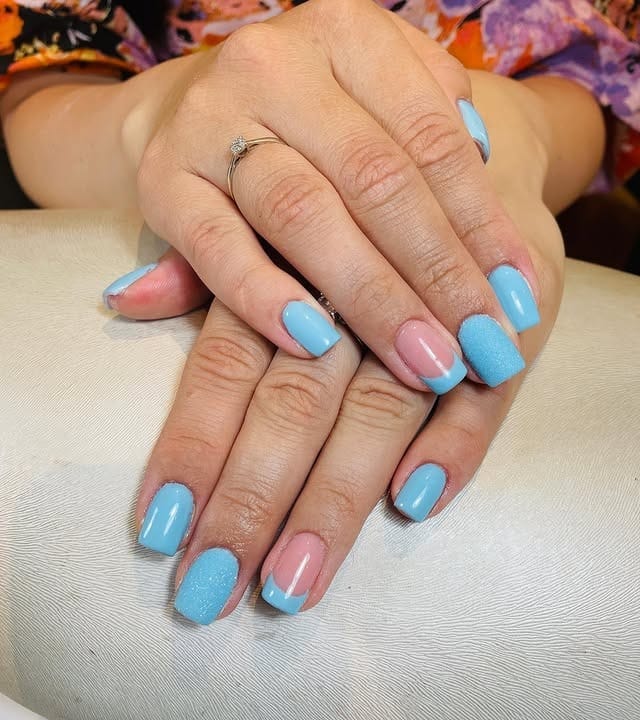 1. Light Blue French Tip Square Nails with Velvet Accent - light blue nail ideas