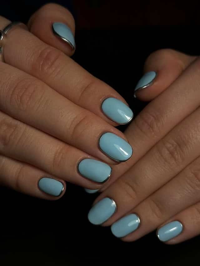 14. Light Blue Chrome Outline Short Nails - light blue nail ideas