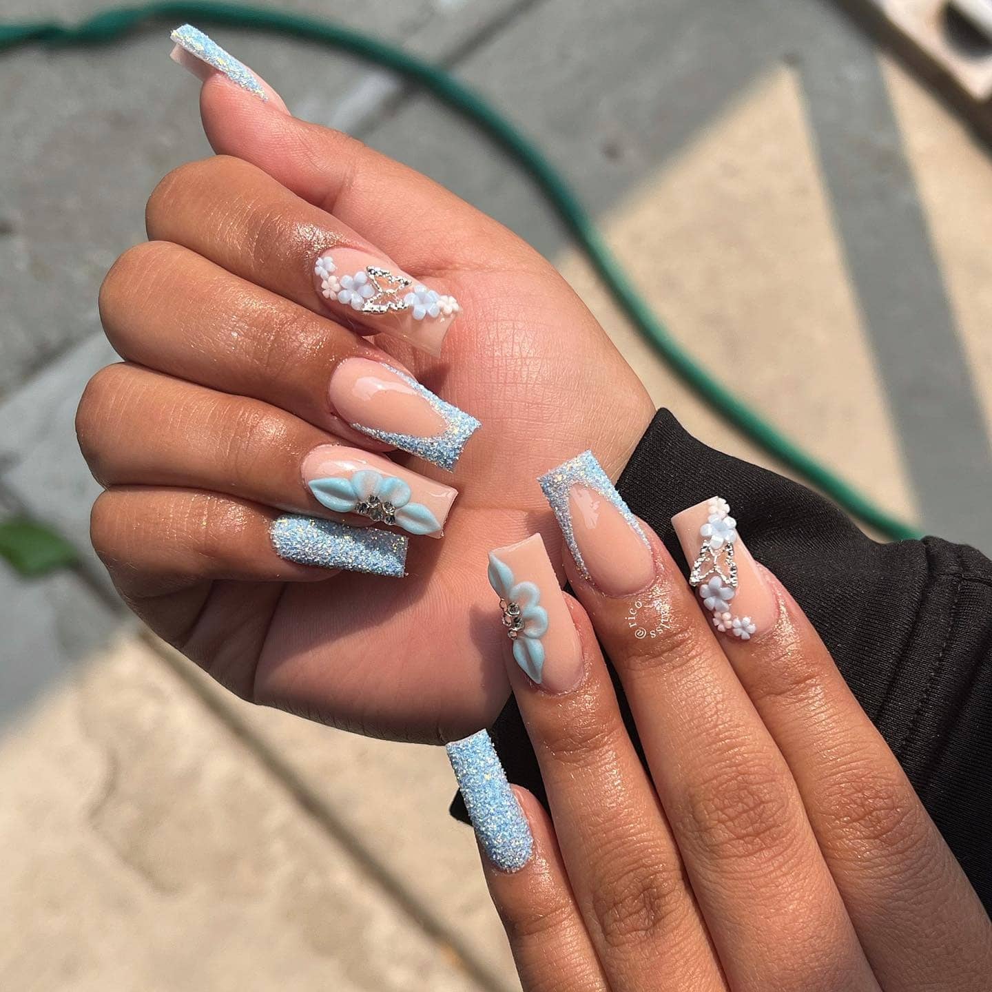 21. 3D Floral Light Blue Glitter Coffin Nails - light blue nail ideas