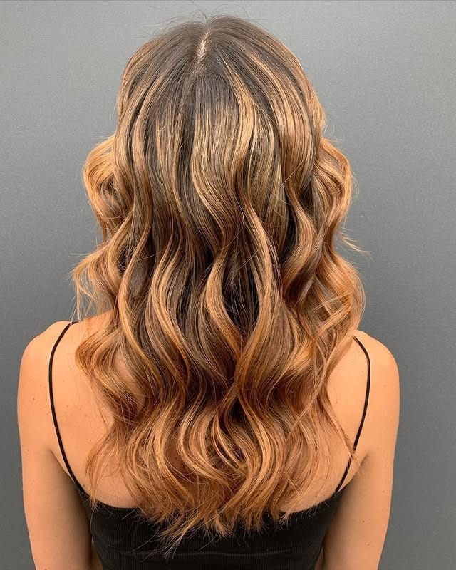 16. Golden Rose Brown Balayage Waves - Rose Brown Hair Color