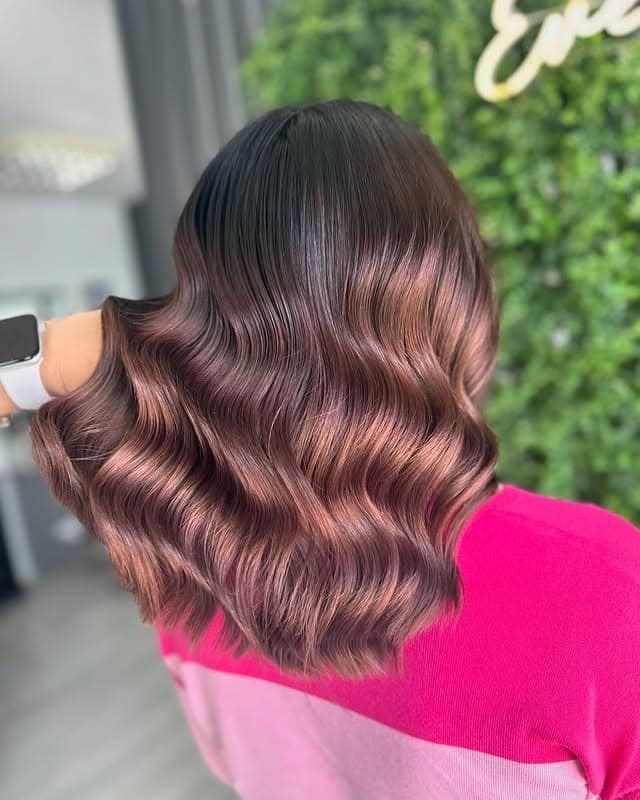 21. Rose Gold Brown Wavy Lob - Rose Brown Hair Color