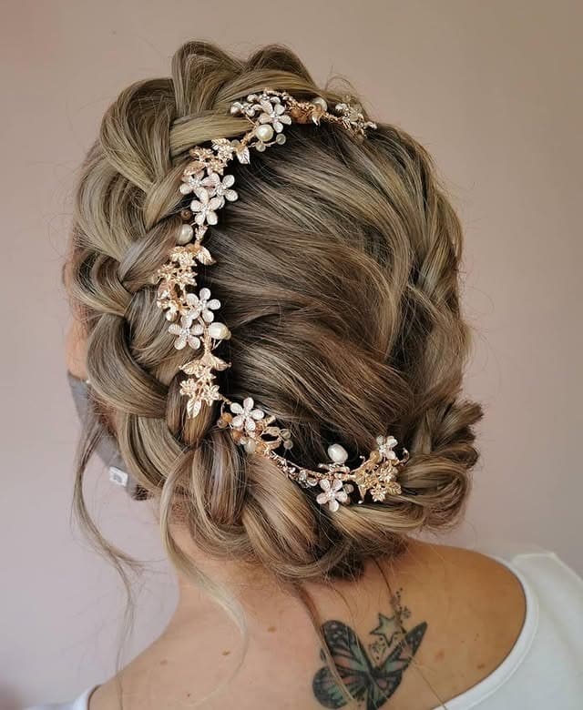 5. Mushroom Blonde Crown Braid with Floral Headpiece - Crown Braid Hairstyles