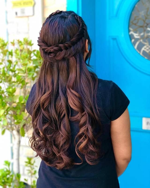 7. Dark Chocolate Crown Braid Half-Up Curls - Crown Braid Hairstyles