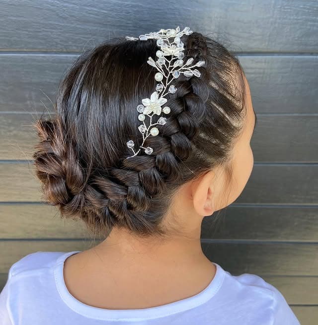 10. Jet Black Crown Braid Bun with Crystal Accents - Crown Braid Hairstyles