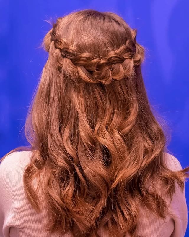 12. Copper Brown Crown Braid Half-Up Waves - Crown Braid Hairstyles
