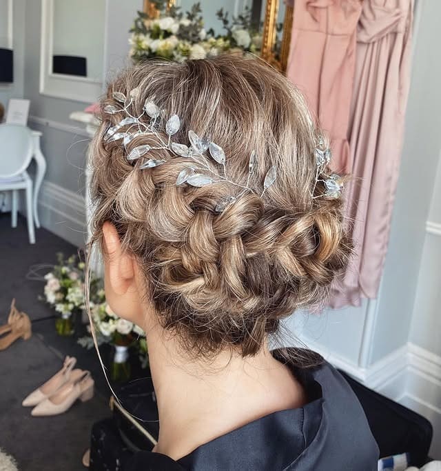 15. Ash Brown Crown Braid Bridal Updo with Crystal Vine - Crown Braid Hairstyles