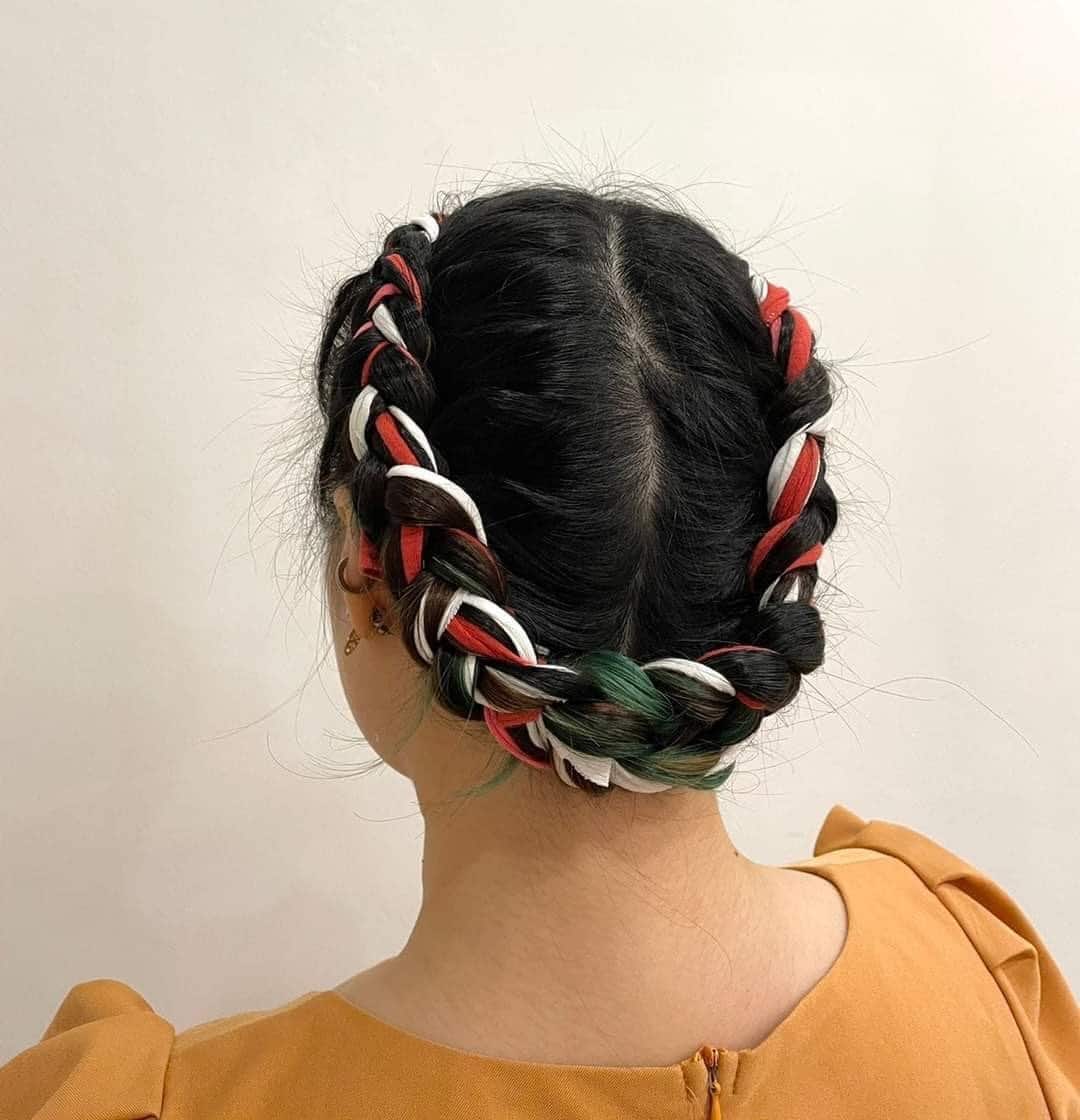 20. Black Crown Braid with Multicolor Ribbon Accents - Crown Braid Hairstyles