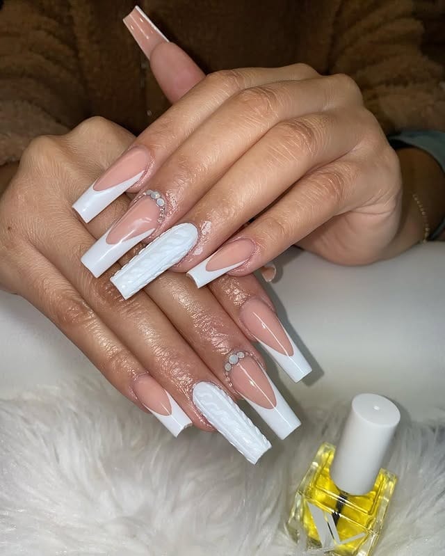 2. Milky White Sweater French Coffin Nails - long nail ideas