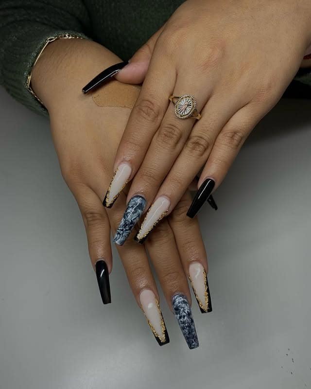 3. Black Marble Luxe Coffin Nails - long nail ideas