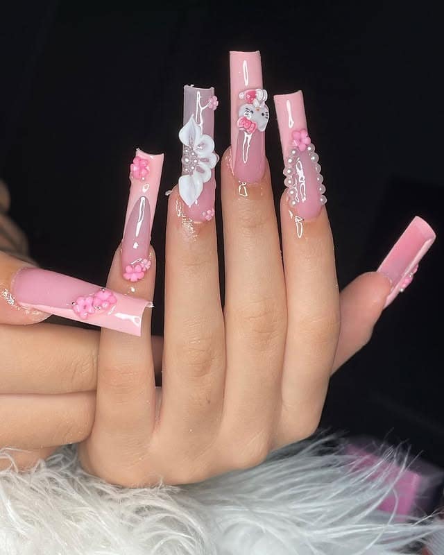 4. Pink 3D Charm Coffin Nails - long nail ideas