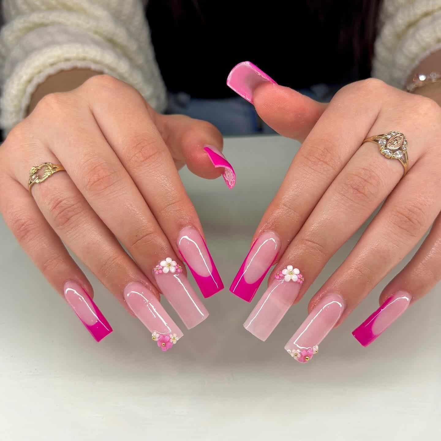 5. Neon Pink French Flower Coffin Nails - long nail ideas