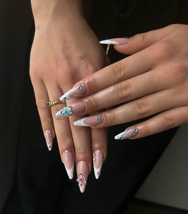 6. Blue and Pink Crystal Almond Nails - long nail ideas