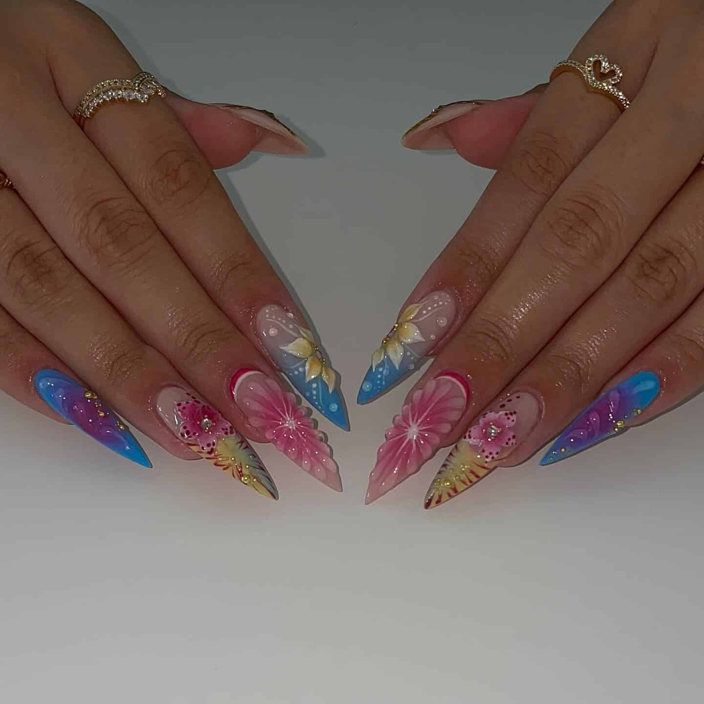 9. Butterfly Garden Stiletto Nails - long nail ideas