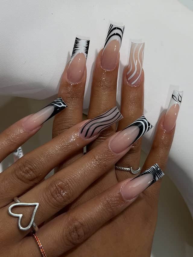 13. Black and White Abstract French Coffin Nails - long nail ideas