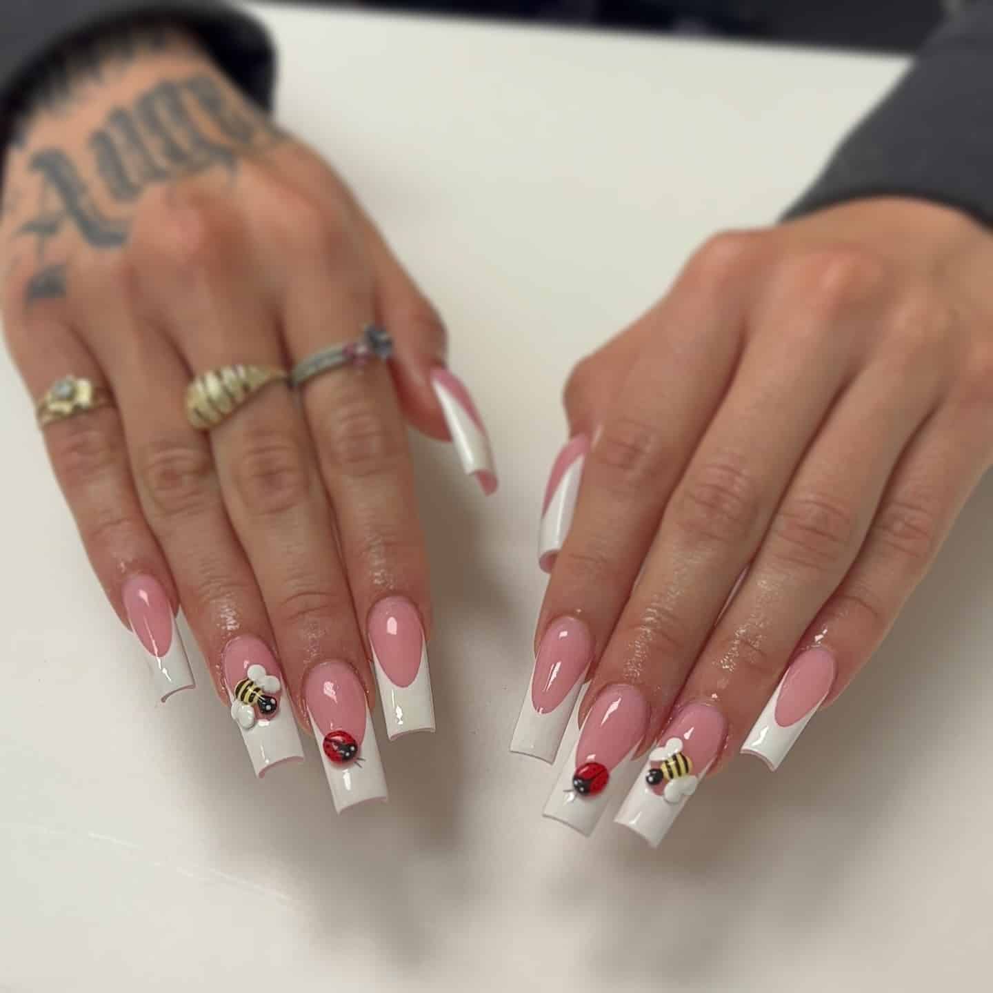 14. Pink French Bee and Ladybug Coffin Nails - long nail ideas