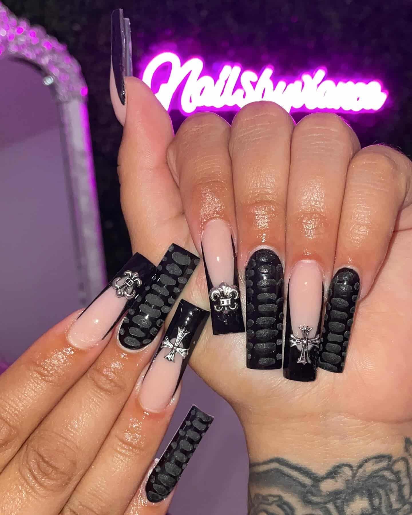 15. Black Gothic Textured Coffin Nails - long nail ideas