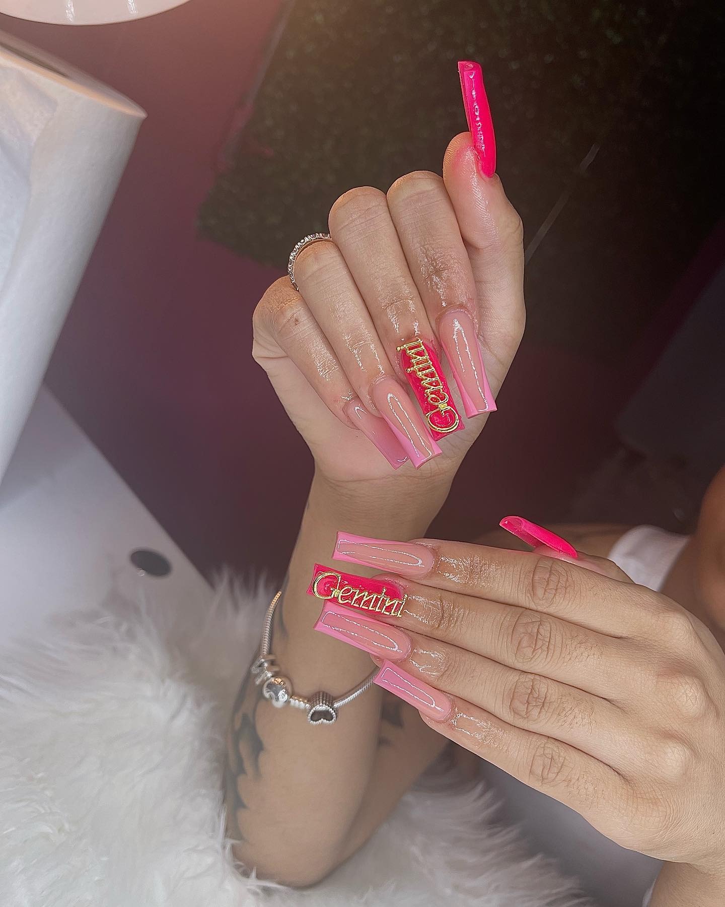 17. Neon Pink Nameplate Coffin Nails - long nail ideas