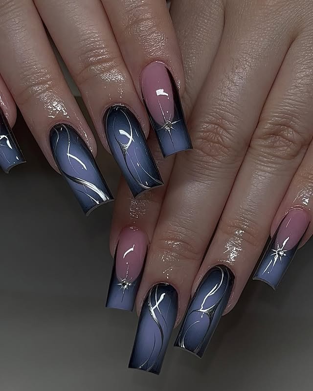 21. Smoky Blue Ombre Coffin Nails - long nail ideas