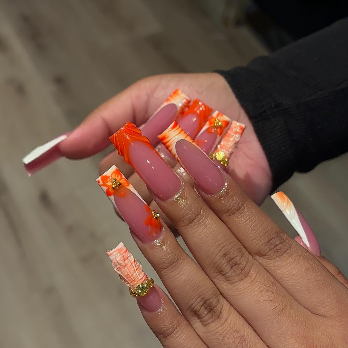 22. Orange Floral 3D Coffin Nails - long nail ideas