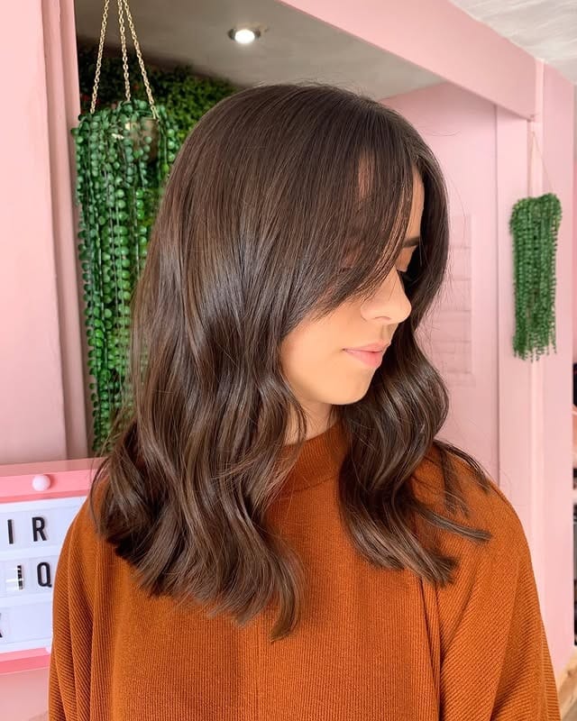 6. Mocha Brown Layered Midi Cut with Curtain Fringe - Midi Cut Hairstyles