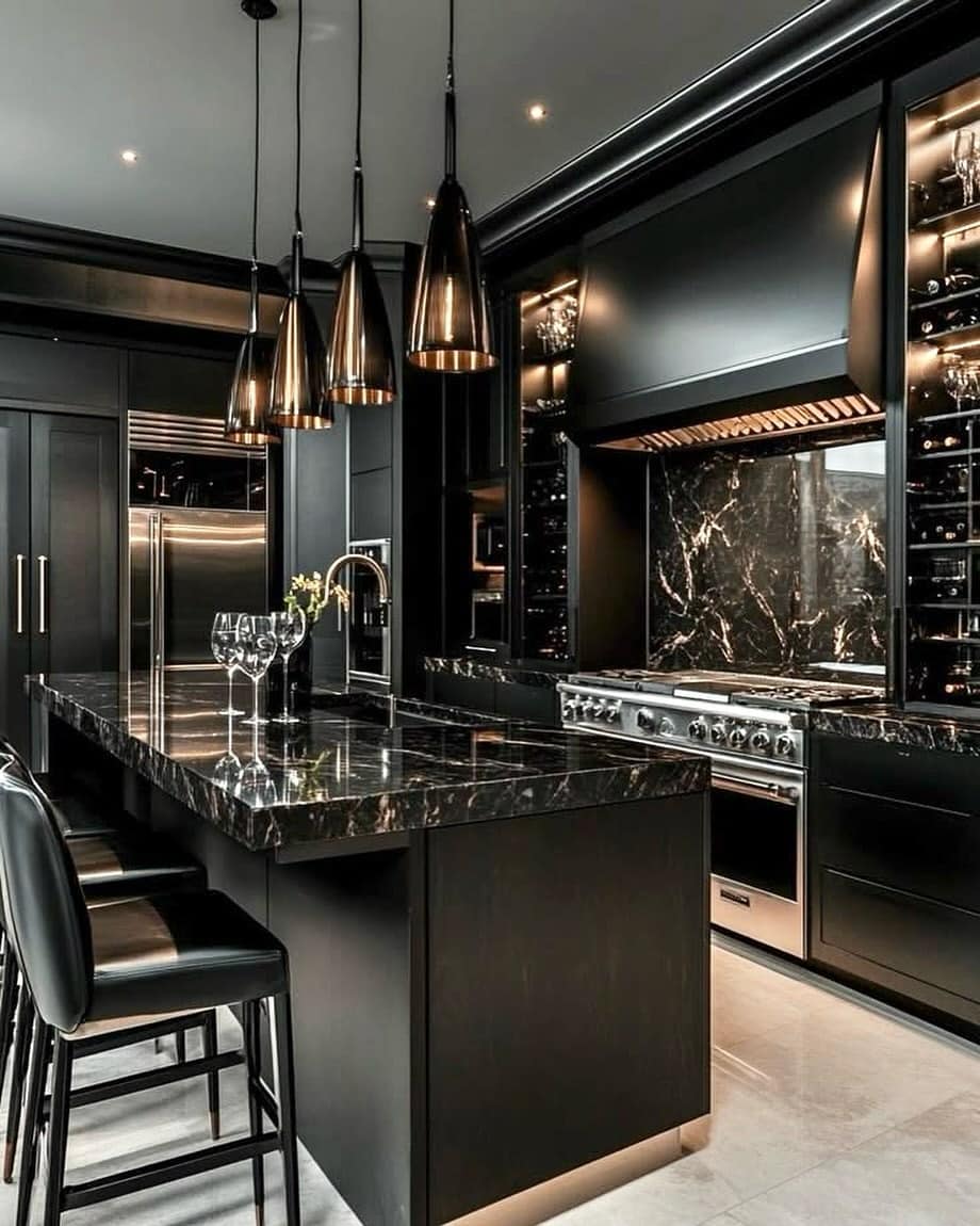 2. Black Marble Luxury Kitchen with Metallic Accents - elegant kitchen ideas
