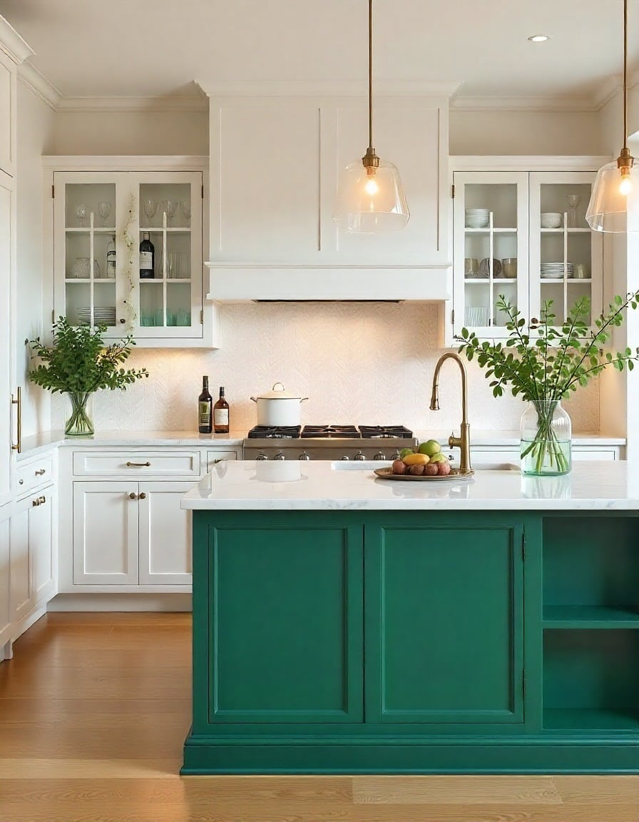 8. White Kitchen with Emerald Green Island Accent - elegant kitchen ideas