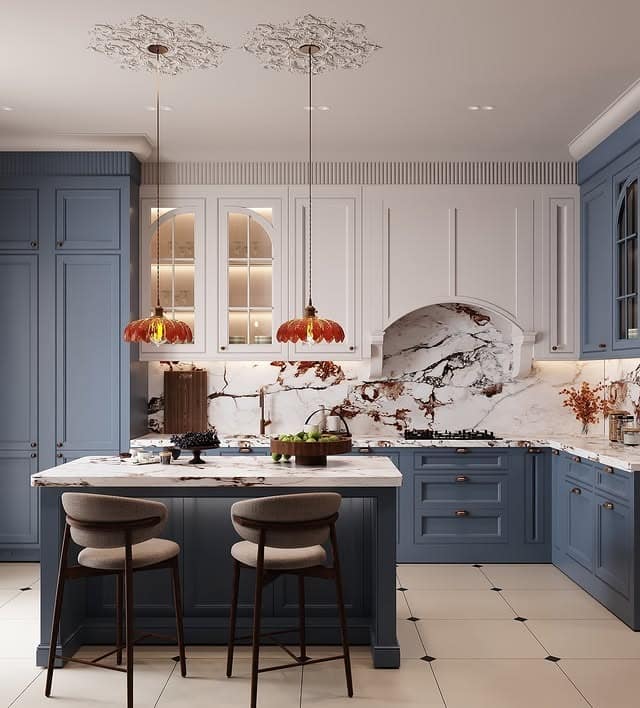 10. Dusty Blue Traditional Kitchen with Marble Elegance - elegant kitchen ideas